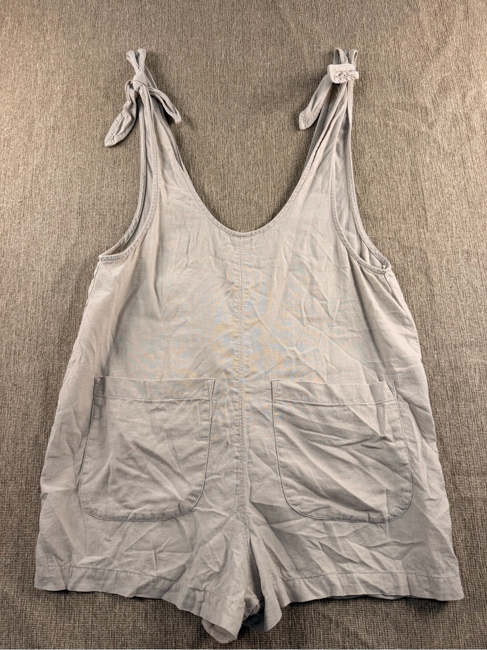 Arizona Jean Co. Beige Linen Blend Tie Strap Overalls Romper | Pocket Small